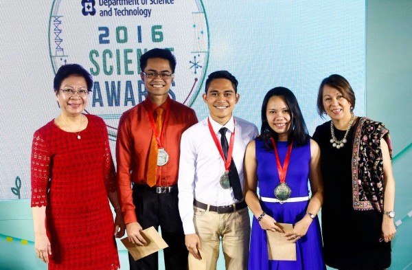 DOST-SEI Director Dr. Josette Biyo and BPI Foundation Executive Director with the BPI-DOST Science Awards semi-finalists from the Ateneo de Davao University: Joselv Albano, Kent Akmad Macacua, and Mary Rose Origin.