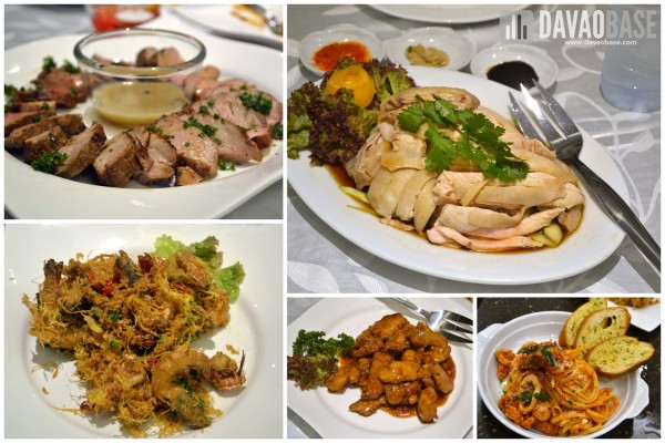 First dinner at Horizon Cafe in Injap Tower Hotel. Clockwise from top left: Pork Medallion, Hainanese Chicken (Fragrant Rice not in picture), Creamy Seafood Marinara, Imperial Pork Ribs, and Deep Fried Buttered Prawns.