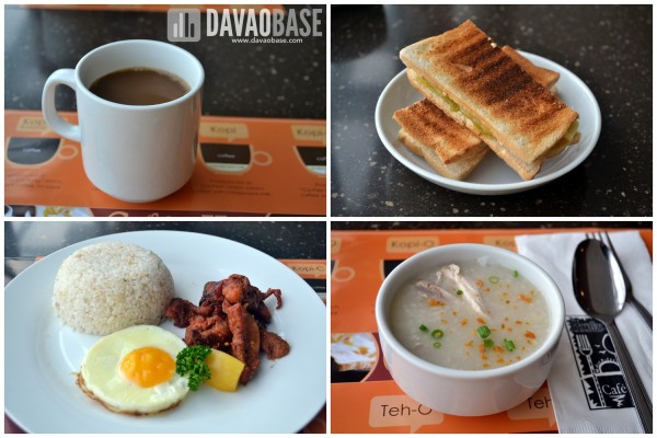 Breakfast at Injap's Horizon Cafe. Clockwise from top left: Kopi (coffee with condensed milk), Kaya Toast (with coconut jam), Chicken Congee, and Tosilog