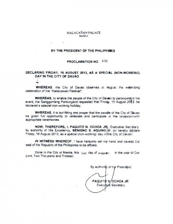 August 16 special non-working holiday Kadayawan festival