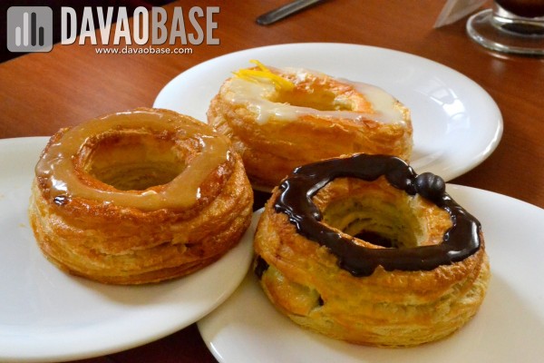 cafe france french donuts cronuts in three flavors: lemon custard, salted caramel, and classic chocolate