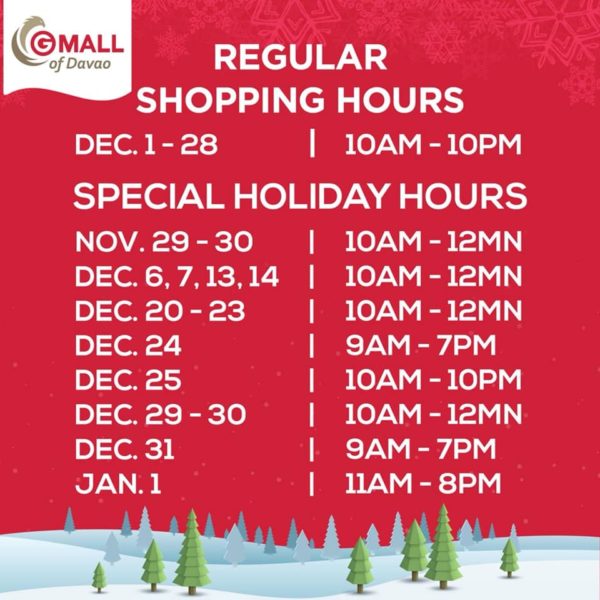 Gaisano Mall of Davao holiday mall hours in Davao for Christmas 2019
