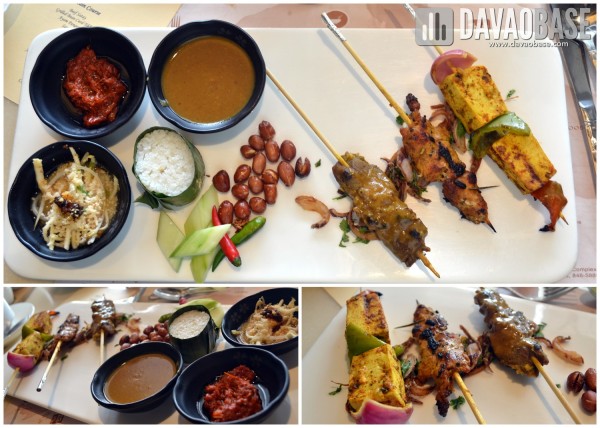 Beef Satay, Grilled Bean Curd Tikka, and Ayam Panggang (grilled coconut chicken) with three sauces (Satay, Rojak, and Sambal)